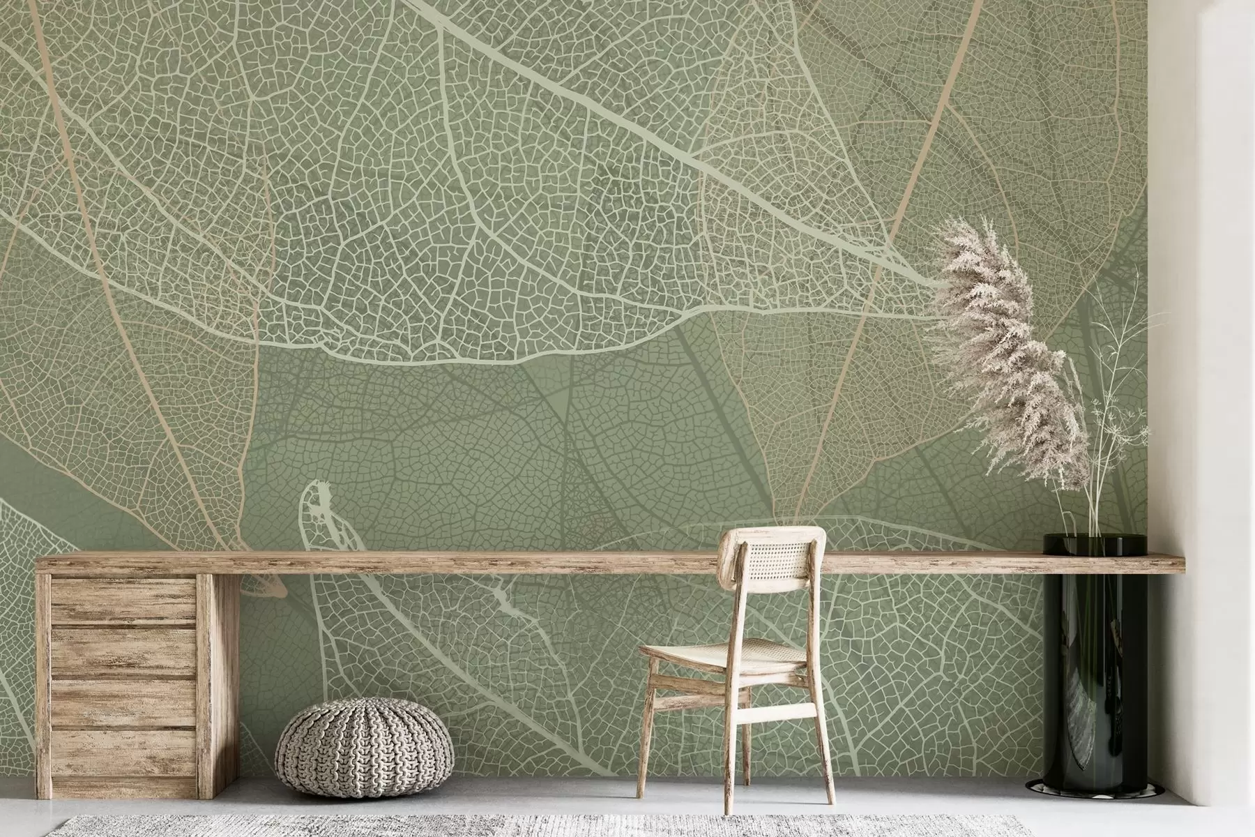 murales de pared primer plano de hojas con venas en tonos verde claro w02520