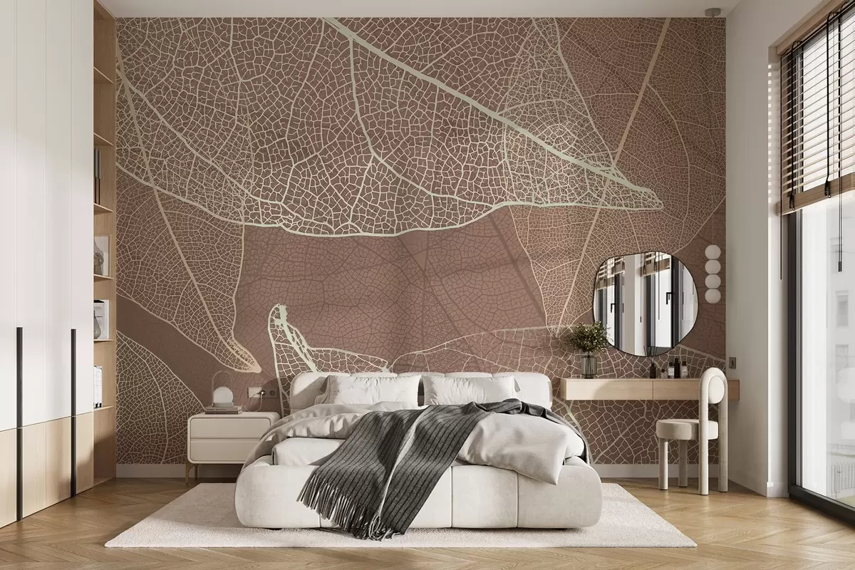 murales de pared primer plano de hojas con venas en color chocolate claro w02520v1