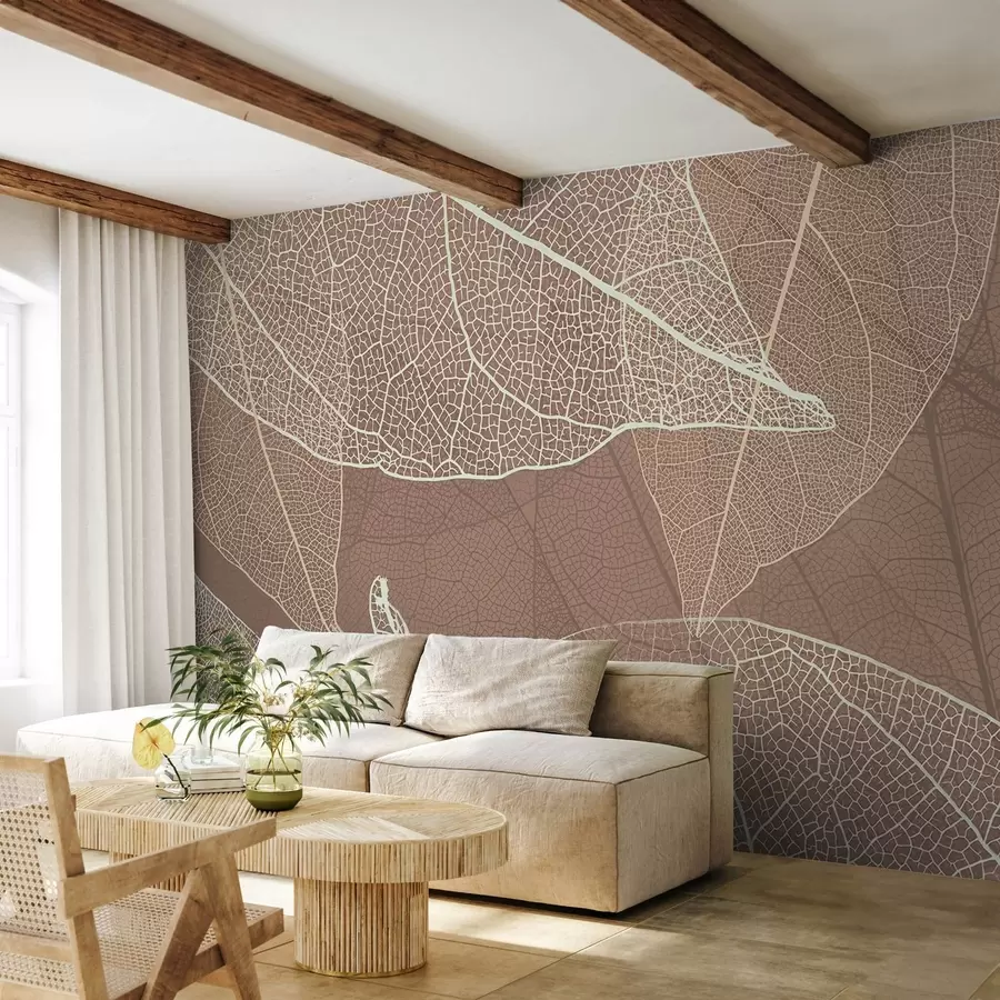 murales de pared primer plano de hojas con venas en color chocolate claro w02520v1