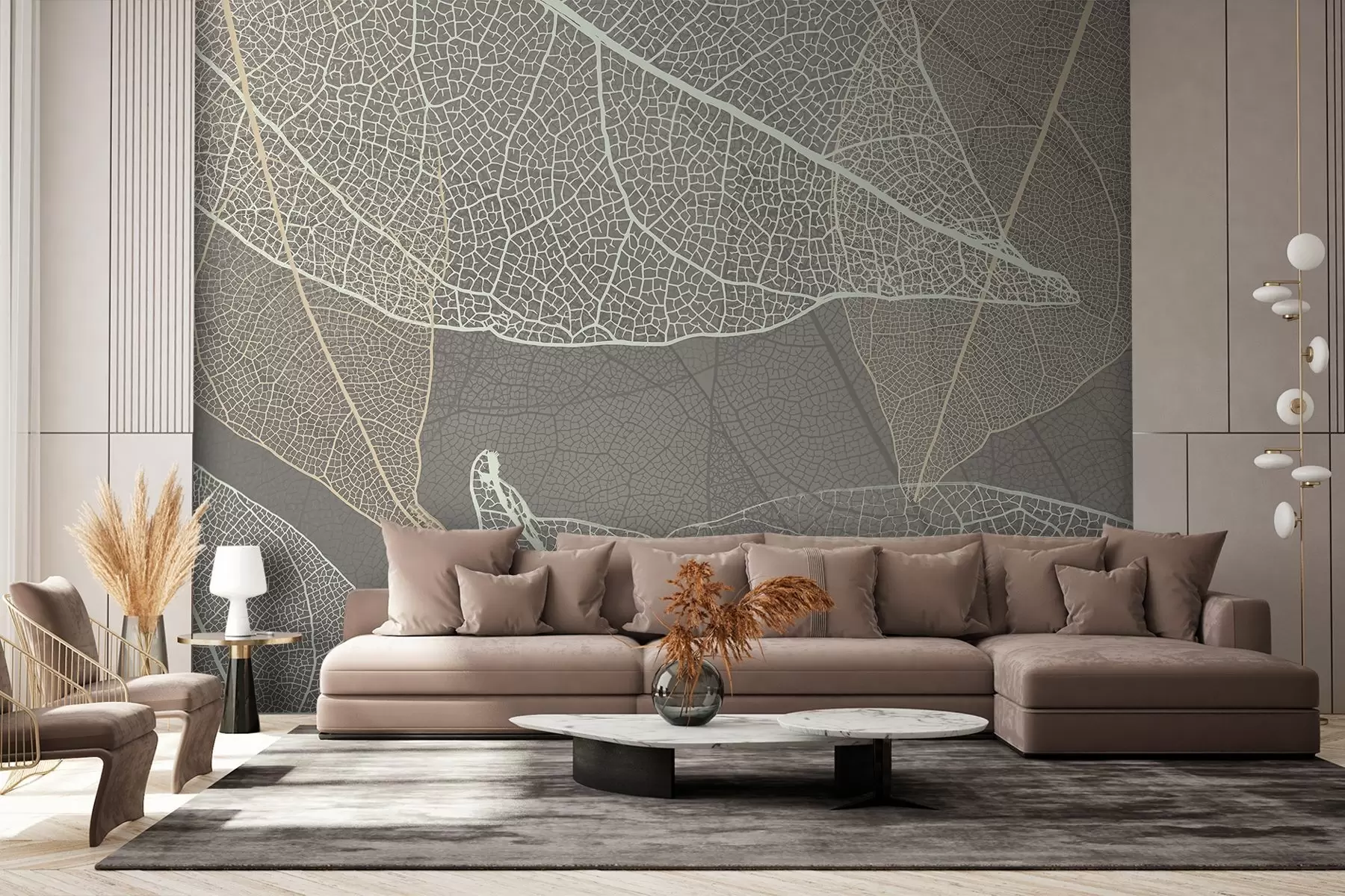 murales de pared primer plano de hojas con venas en tonos grises cálidos w02520v2