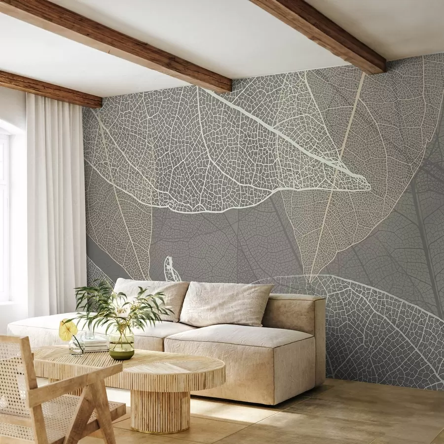 murales de pared primer plano de hojas con venas en tonos grises cálidos w02520v2