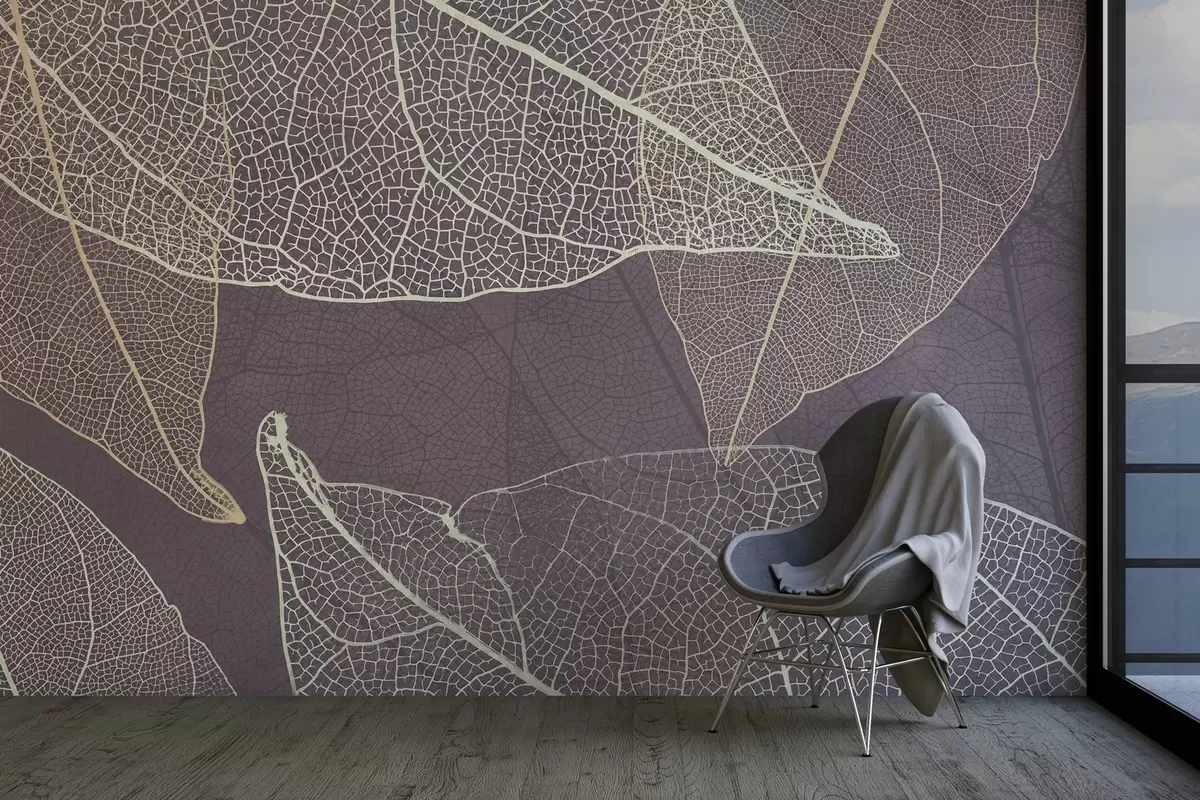 murales de pared primer plano de hojas con venas en tonos gris púrpura w02520v3