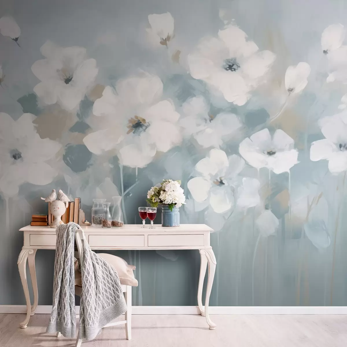 murales de pared Delicadas flores blancas color azul w08542v2