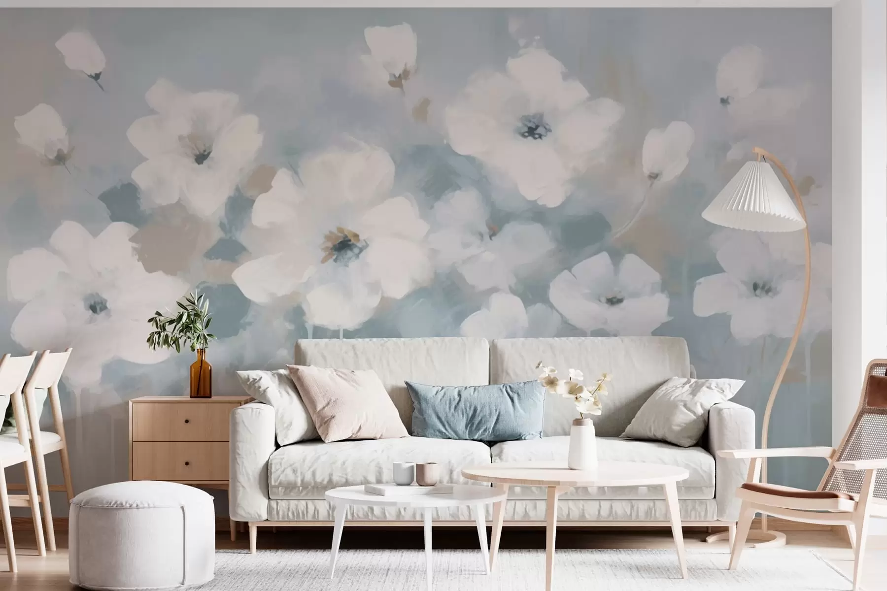 murales de pared Delicadas flores blancas color azul w08542v2