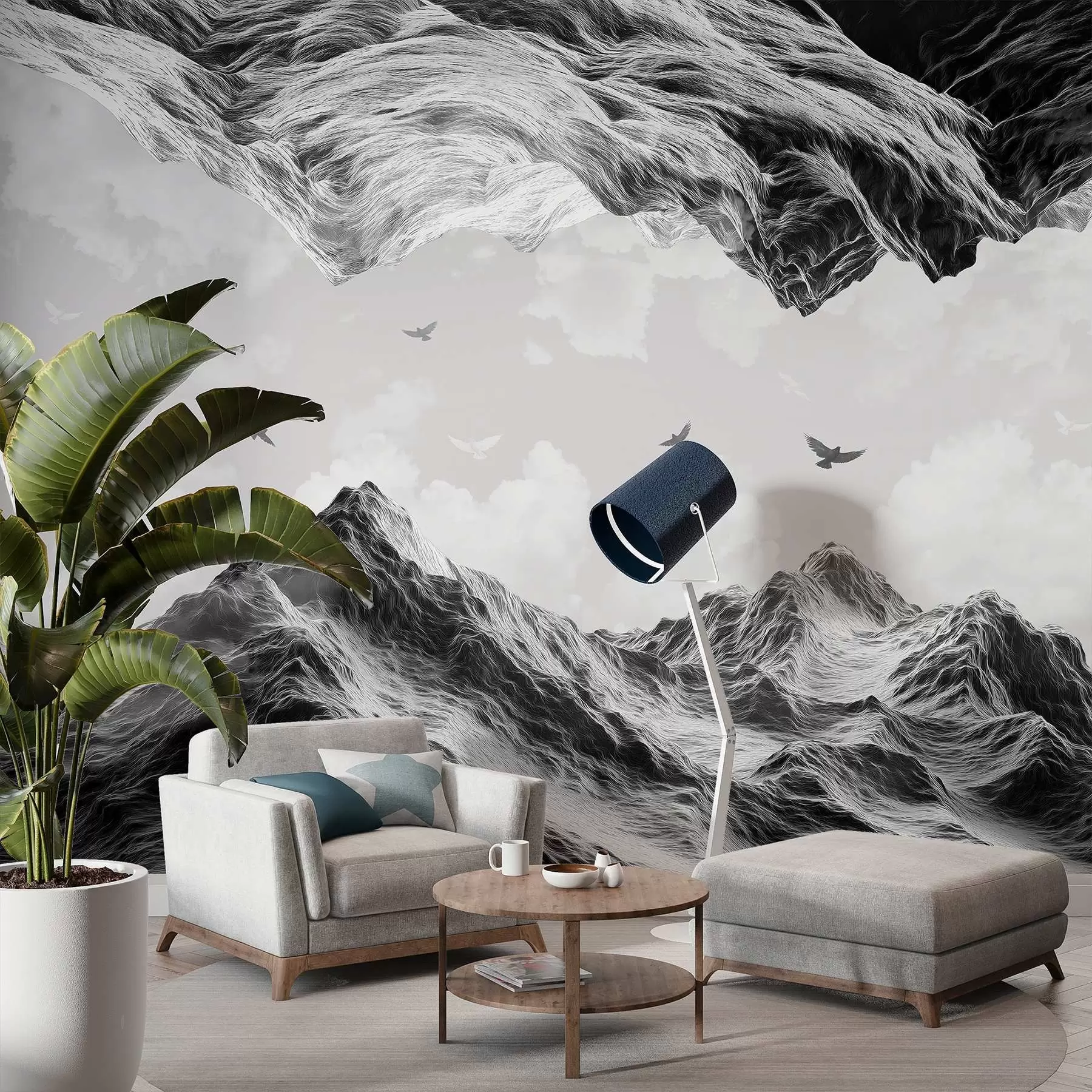 murales de pared Paisaje de montaña, realismo, pájaros volando, naturaleza, nubes, colores blanco y negro w02514