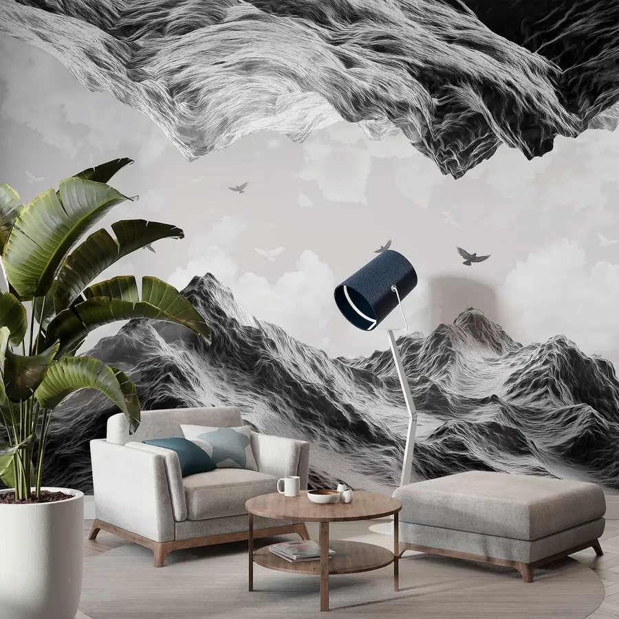 murales de pared Paisaje de montaña, realismo, pájaros volando, naturaleza, nubes, colores blanco y negro w02514