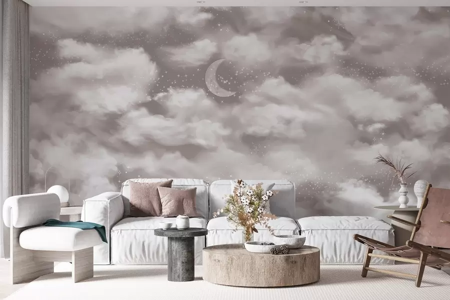 murales de pared Cielo estrellado con luna y nubes, soñador, etéreo, colores beige suaves w02515