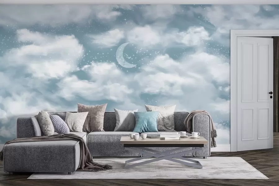 murales de pared Cielo estrellado con luna y nubes, de ensueño, etéreo, colores azules suaves w02515v1