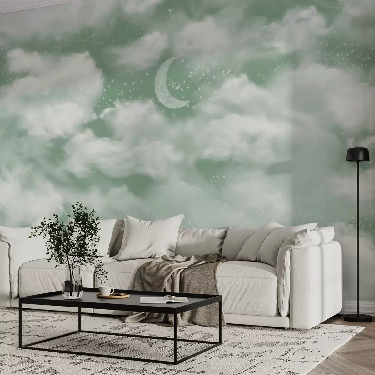 murales de pared Cielo estrellado con luna y nubes, soñador, etéreo, colores verdes suaves w02515v2