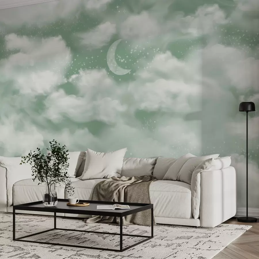 murales de pared Cielo estrellado con luna y nubes, soñador, etéreo, colores verdes suaves w02515v2