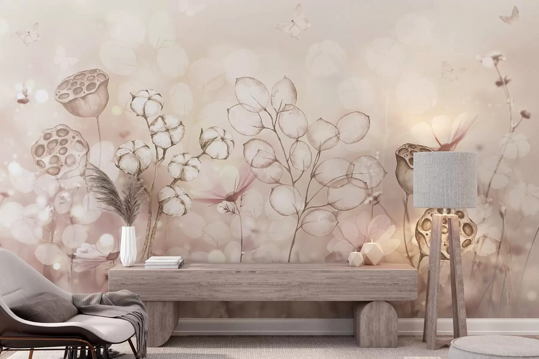 murales de pared Jardín de flores de ensueño, mariposa, flores de algodón, lotos, colores beige w02516v3