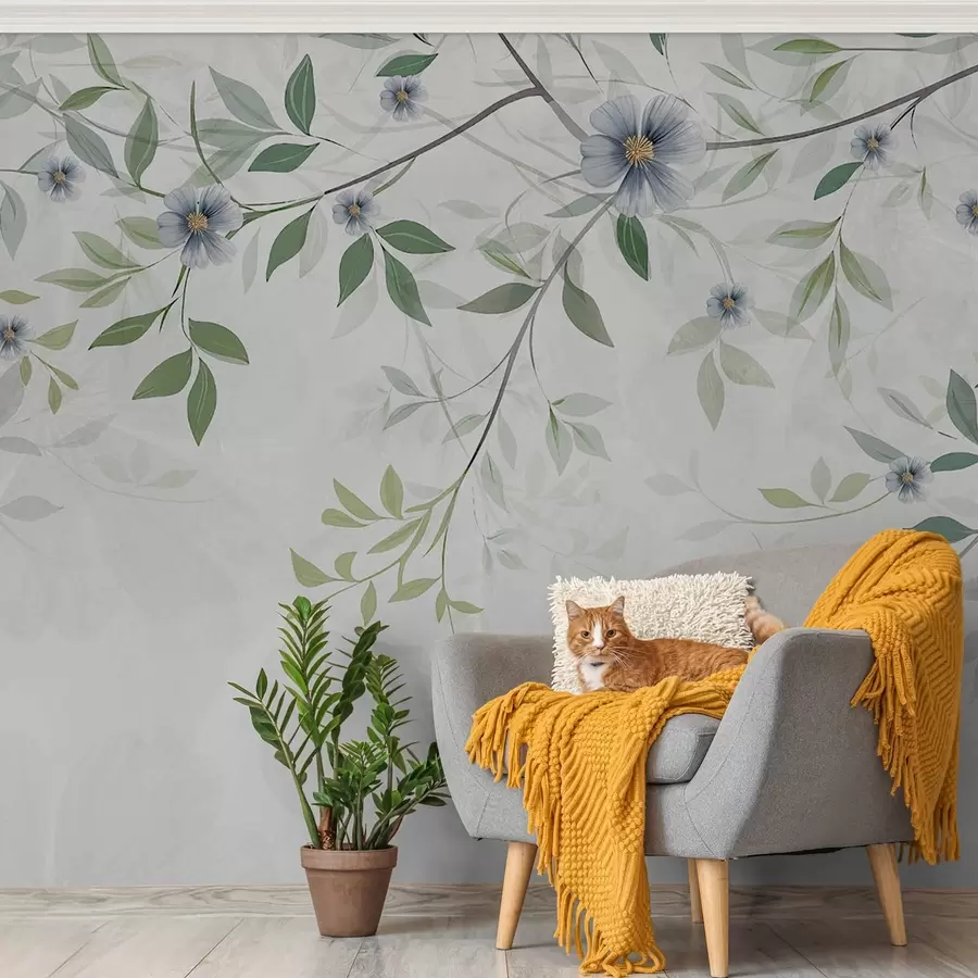 murales de pared Ramas con hojas verdes y flores azules w00316