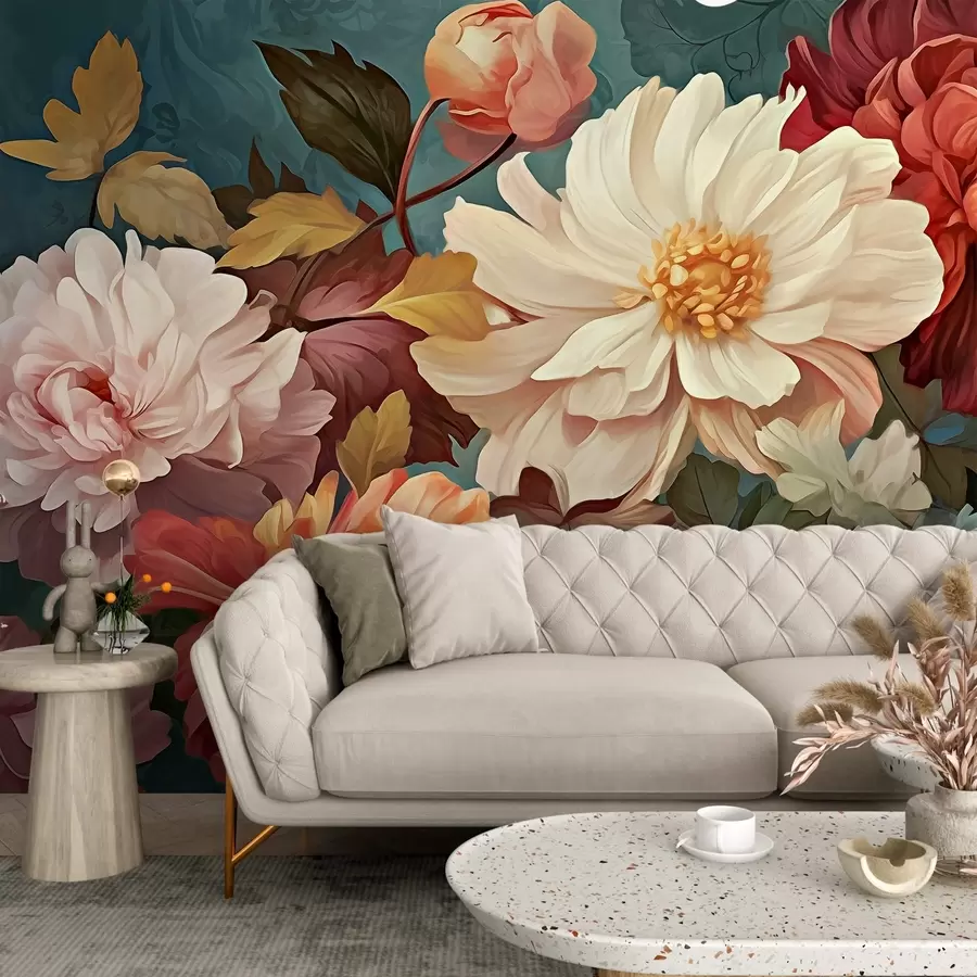 murales de pared Flores grandes de diferentes colores, crisantemo, peonía w02597