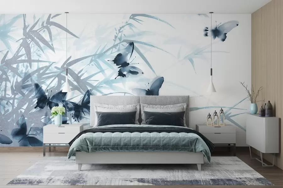 murales de pared Texturas de hojas y tallos de bambú con mariposas azules voladoras de alas transparentes w08524