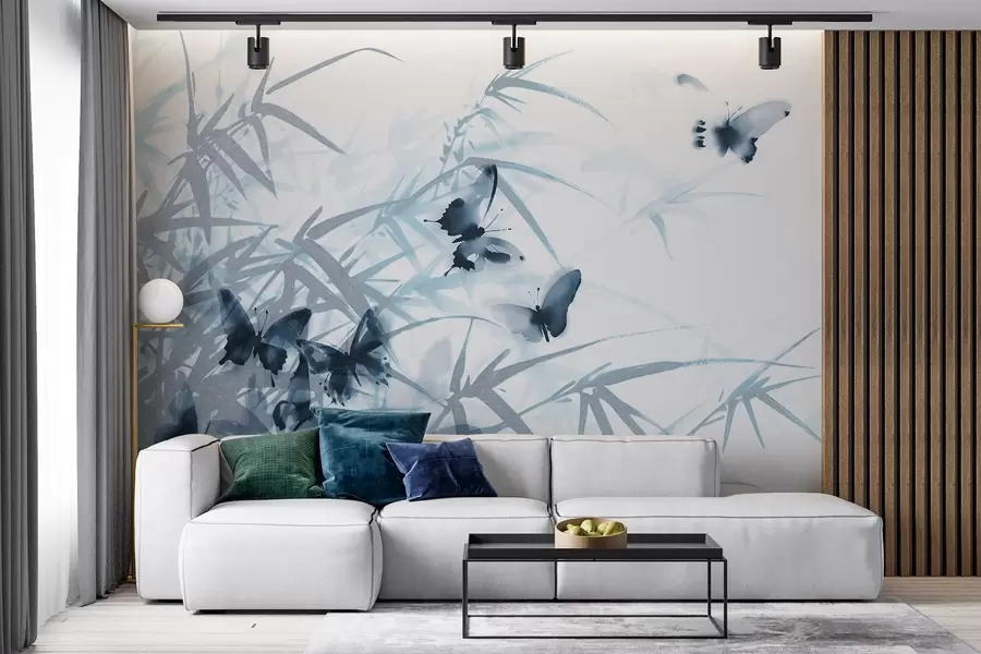 murales de pared Texturas de hojas y tallos de bambú con mariposas azules voladoras de alas transparentes w08524