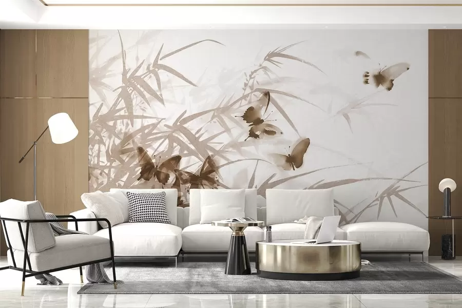 murales de pared Texturas de hojas y tallos de bambú con mariposas marrones voladoras de alas transparentes w08524v1