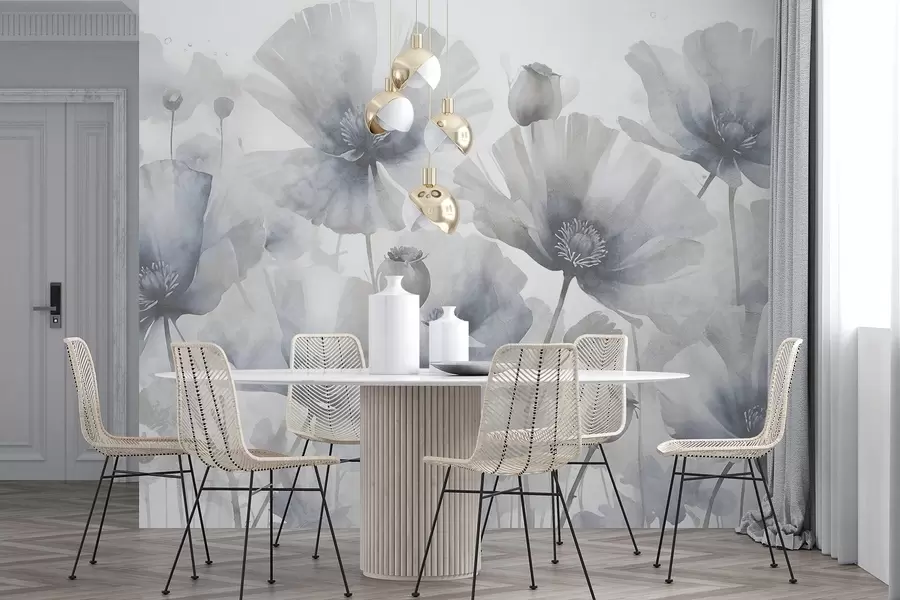 murales de pared Delicadas flores grunge grises y blancas con pétalos suaves y difuminados sobre fondo blanco w08526