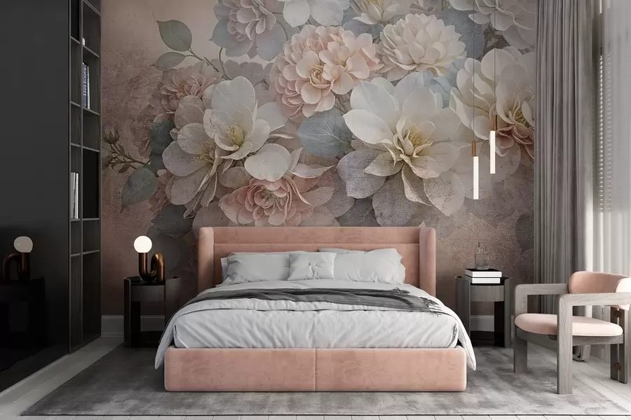 murales de pared Estampado de textura suave con flores de peonía melocotón y blancas con hojas verdes sobre fondo beige w08534