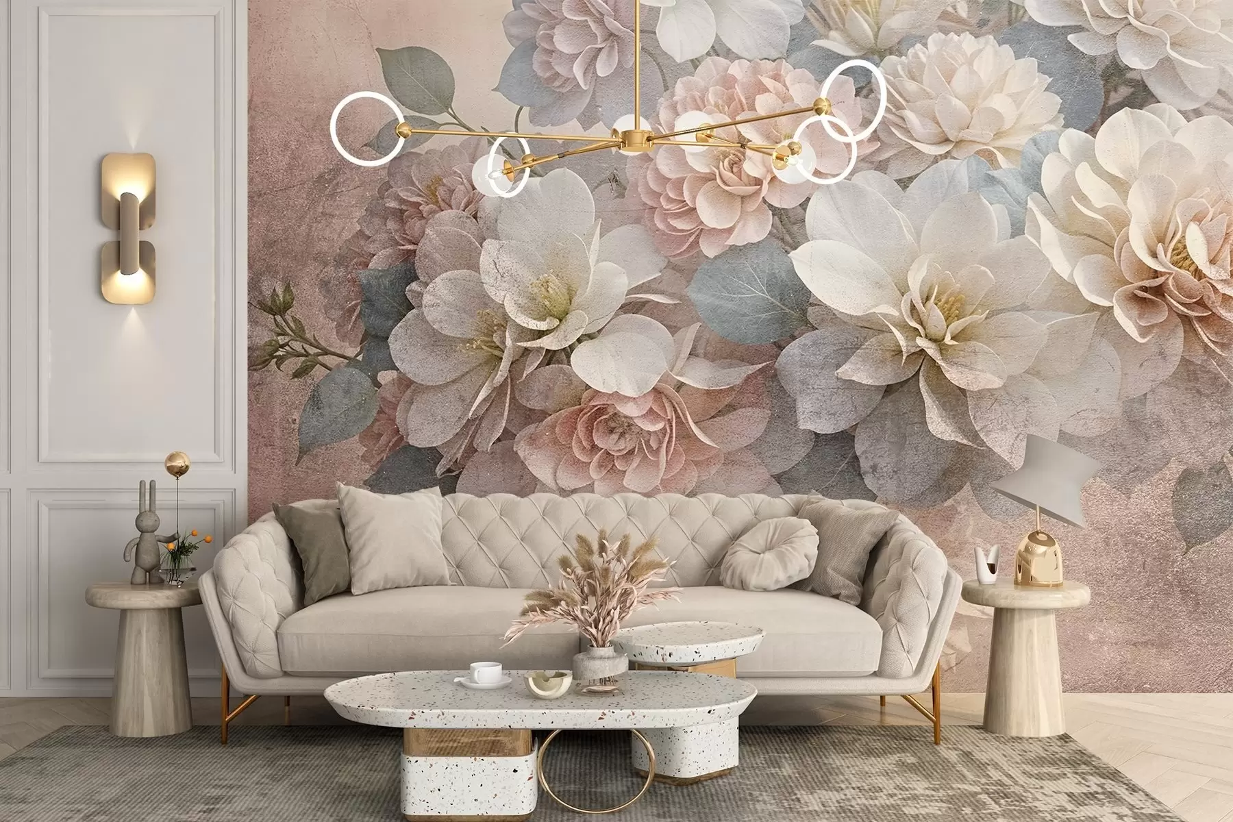 murales de pared Estampado de textura suave con flores de peonía melocotón y blancas con hojas verdes sobre fondo beige w08534