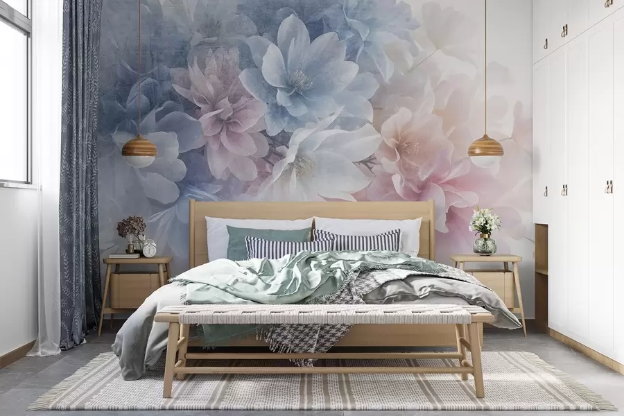 murales de pared Arreglo floral de textura suave y colores pastel con flores grandes y delicadas en tonos rosa, azul y blanco w08535