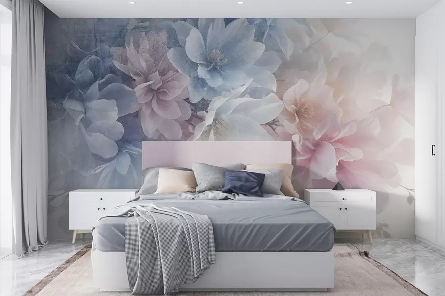 murales de pared Arreglo floral de textura suave y colores pastel con flores grandes y delicadas en tonos rosa, azul y blanco w08535