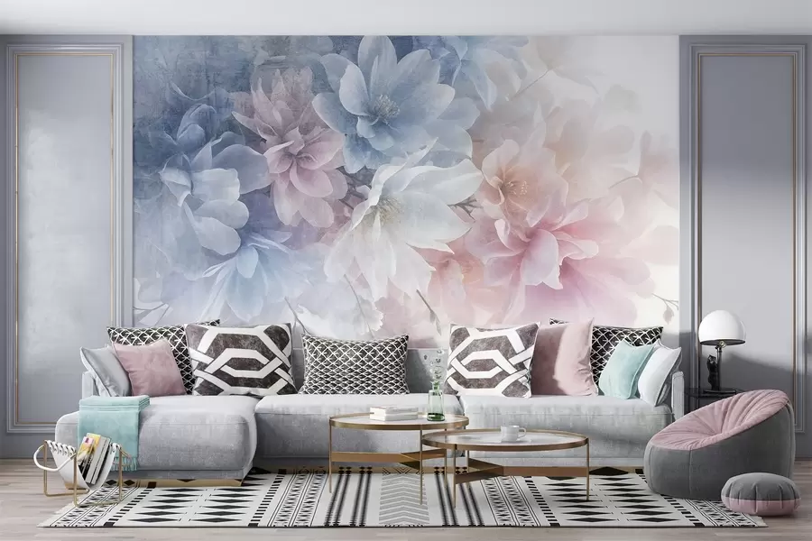 murales de pared Arreglo floral de textura suave y colores pastel con flores grandes y delicadas en tonos rosa, azul y blanco w08535