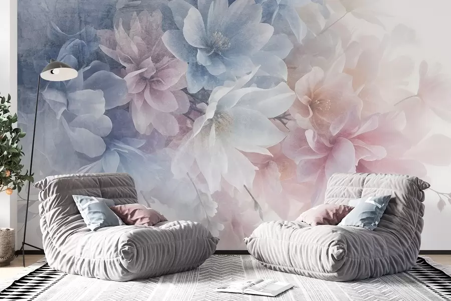 murales de pared Arreglo floral de textura suave y colores pastel con flores grandes y delicadas en tonos rosa, azul y blanco w08535