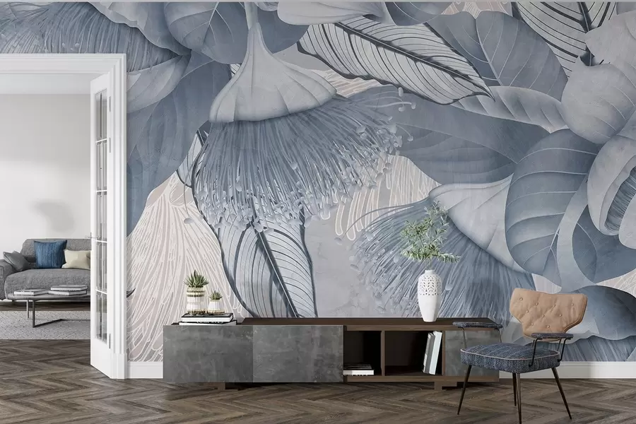 murales de pared Ilustración botánica de grandes flores azules de eucalipto con largos estambres sobre un fondo gris y blanco w08539v1
