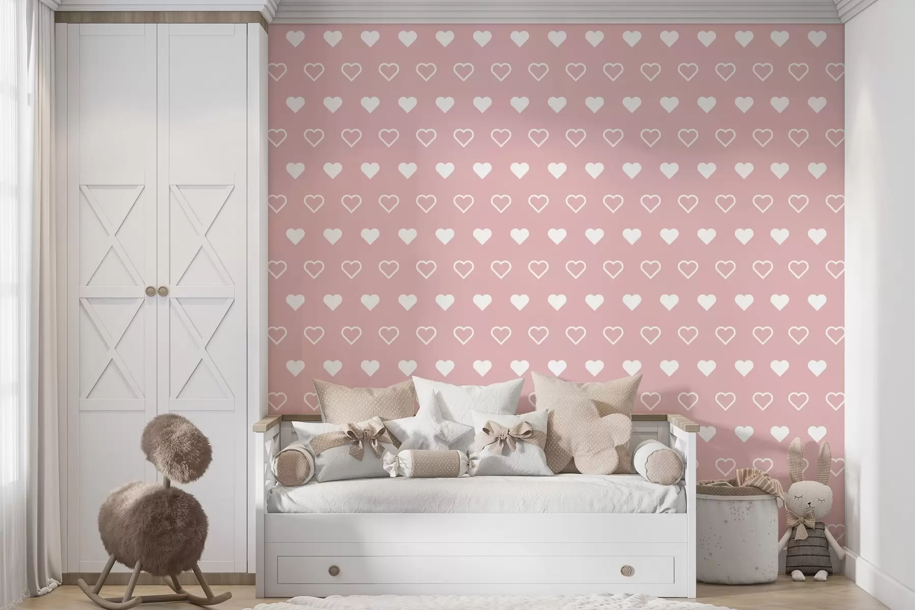 murales de pared estampado minimalista de corazones sobre fondo rosa w02548