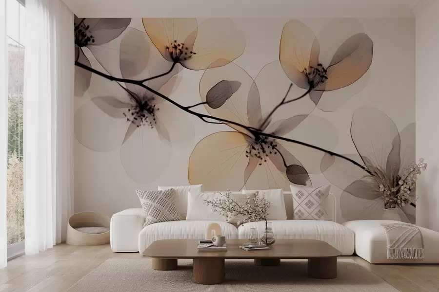 murales de pared rama delicada y refinada con flores transparentes w02630