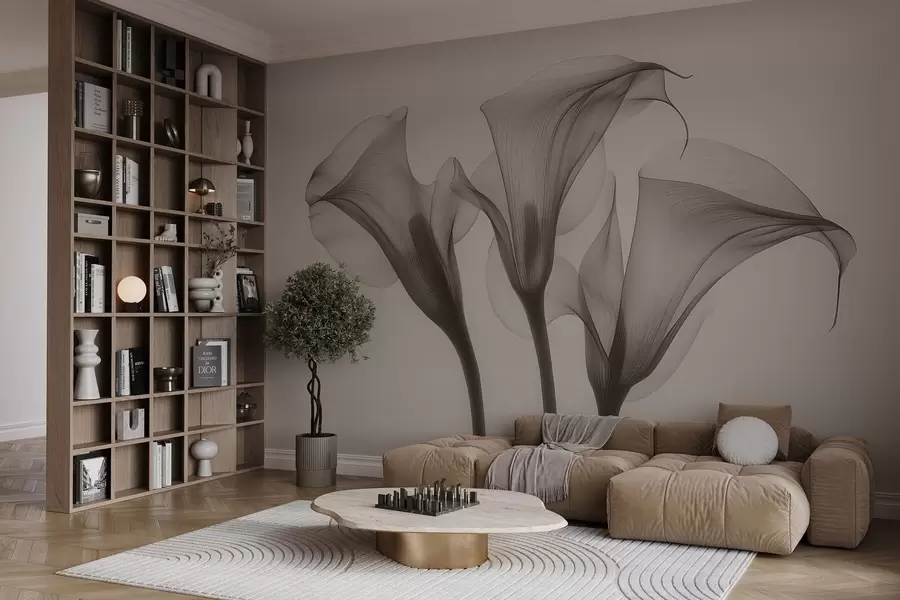 murales de pared flores transparentes de Zantedeschia en tonos beige w02632