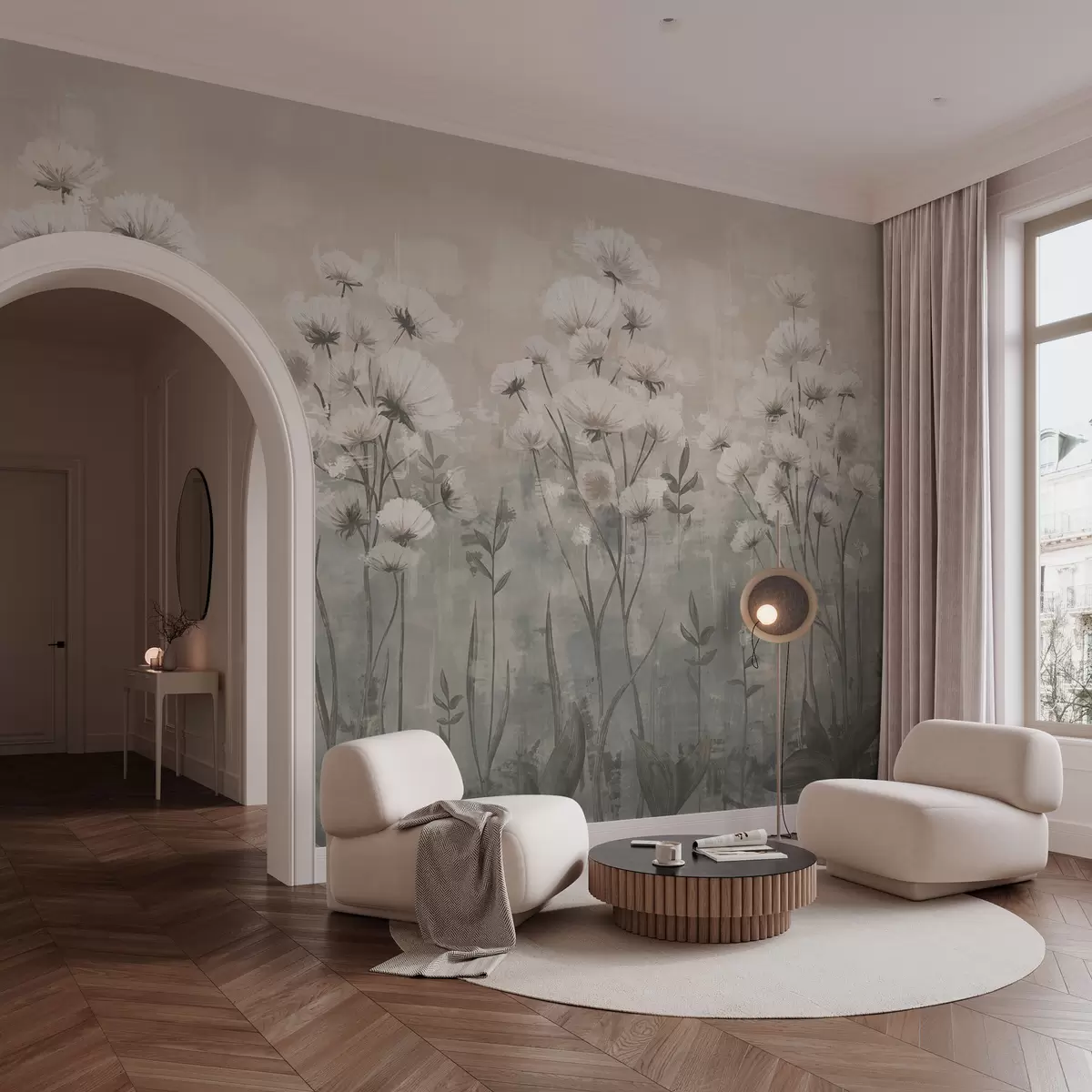 murales de pared Delicadas flores silvestres con efecto de pinceladas en colores pastel w02629v2