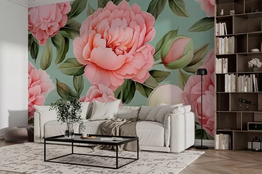 murales de pared Peonías rosas con hojas w02570