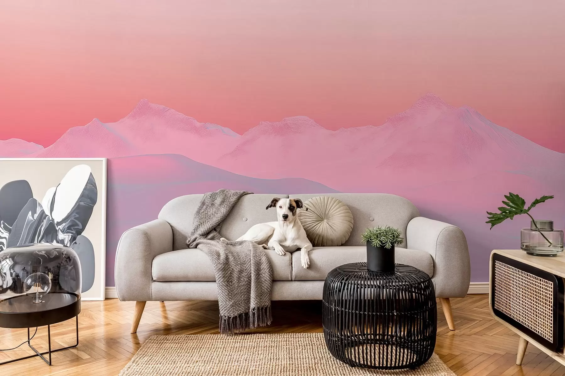 murales de pared Suave puesta de sol frambuesa con las montañas y el cielo como telón de fondo w02234