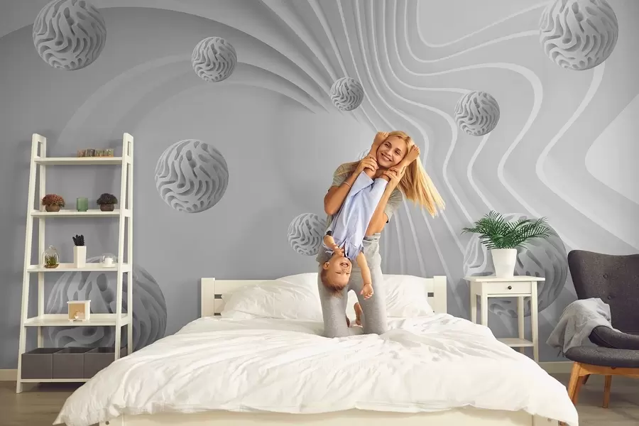 murales de pared abstracción gris 3D con esferas y efecto de profundidad w08553