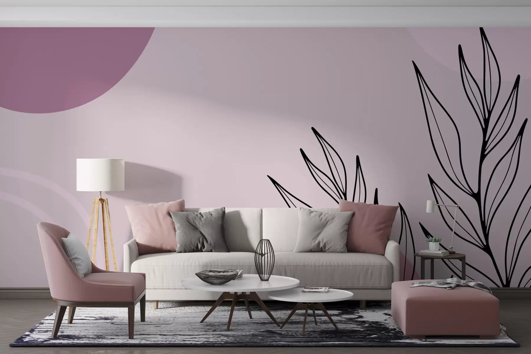 murales de pared abstracción rosa con hojas w02666