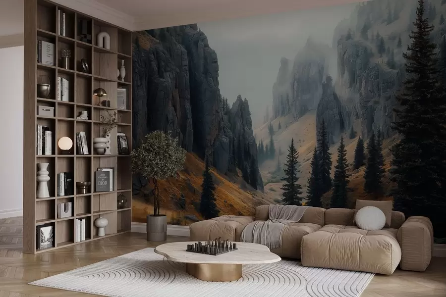 murales de pared paisaje místico con rocas y abetos w02682