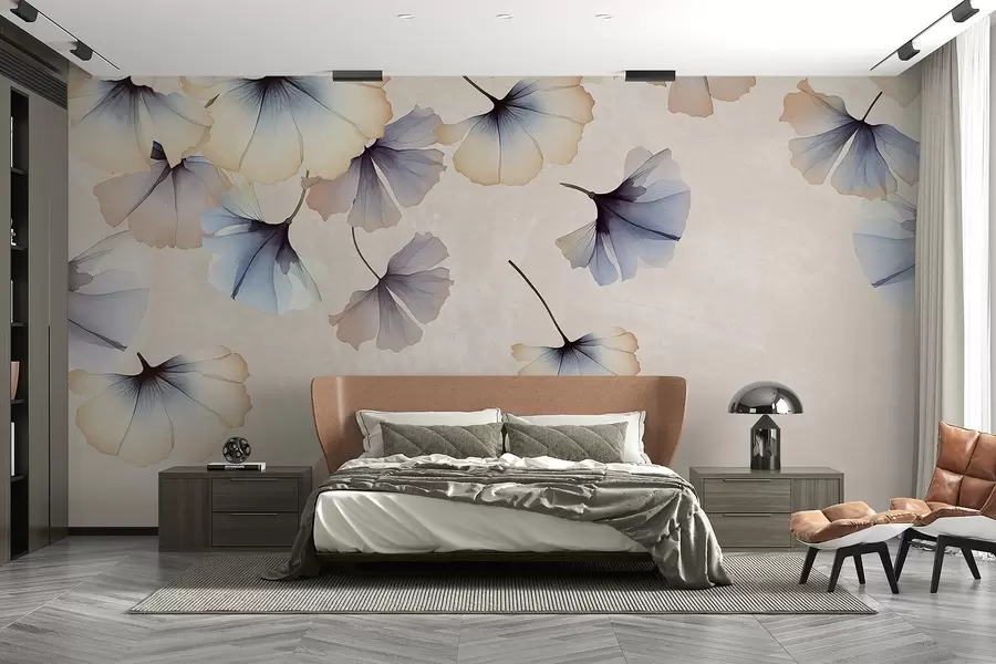 murales de pared Hojas de ginkgo de colores pastel azul y beige con delicados pétalos flotando en el aire sobre un fondo de texturas w08578
