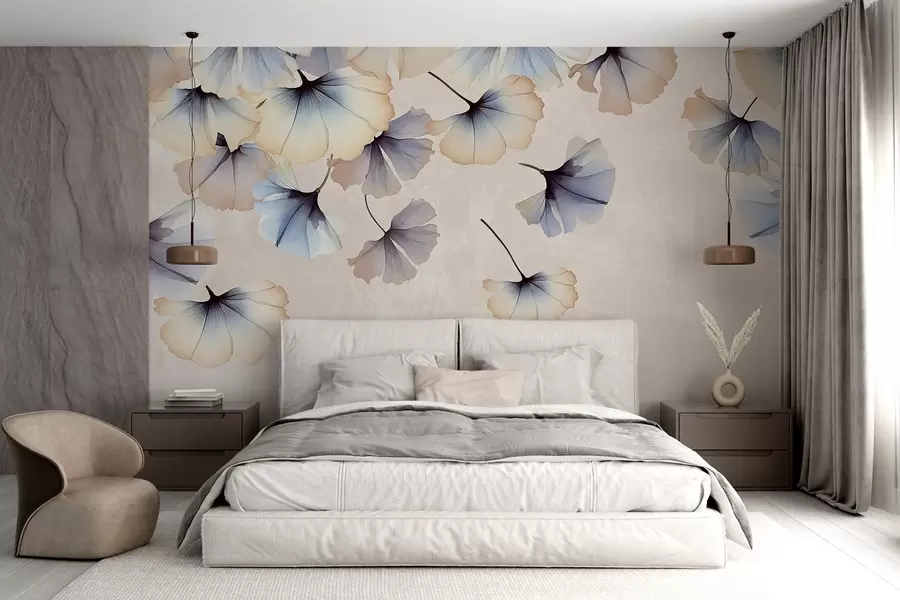 murales de pared Hojas de ginkgo de colores pastel azul y beige con delicados pétalos flotando en el aire sobre un fondo de texturas w08578