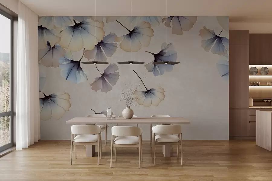 murales de pared Hojas de ginkgo de colores pastel azul y beige con delicados pétalos flotando en el aire sobre un fondo de texturas w08578