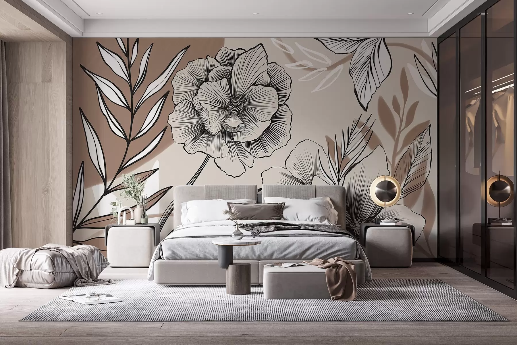 murales de pared Grandes flores gráficas en blanco y negro con hojas detalladas sobre un fondo abstracto beige w08580