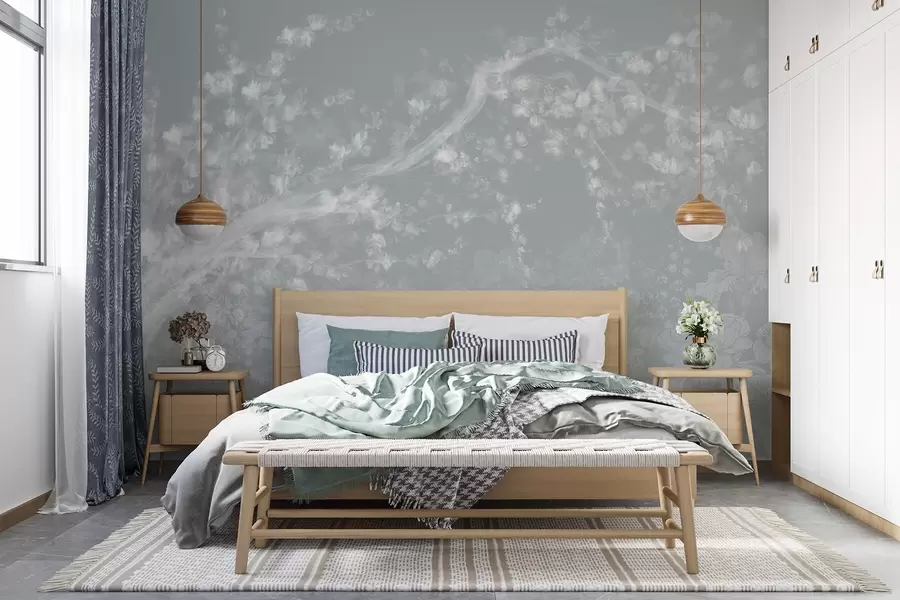 murales de pared Impresión borrosa y desenfocada con un blanco brumoso de ramas de árbol con fondo floral de luz suave w08581