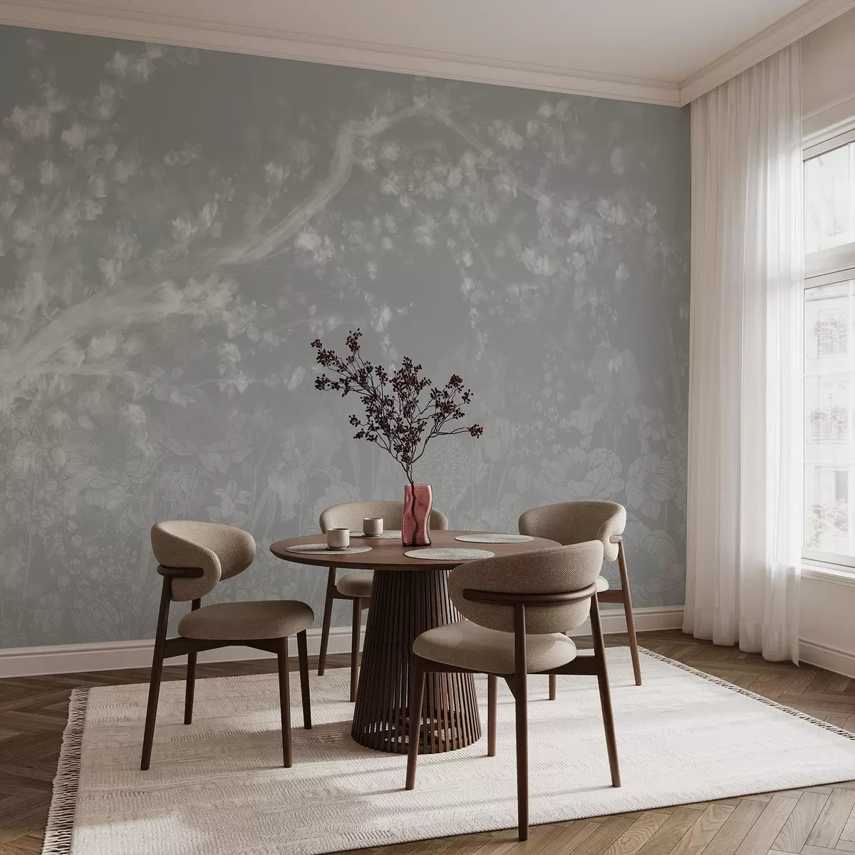 murales de pared Impresión borrosa y desenfocada con un blanco brumoso de ramas de árbol con fondo floral de luz suave w08581
