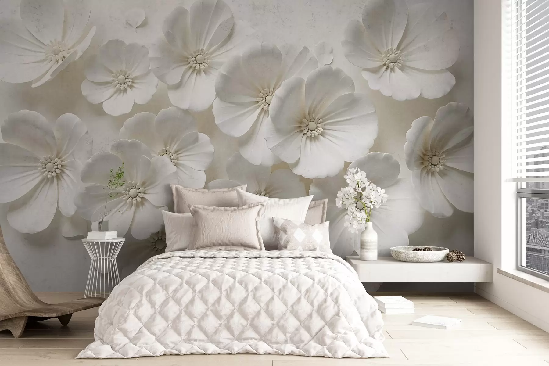 murales de pared Flores blancas con delicados pétalos y centros sobre fondo claro w08587