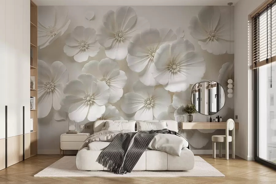 murales de pared Flores blancas con delicados pétalos y centros sobre fondo claro w08587
