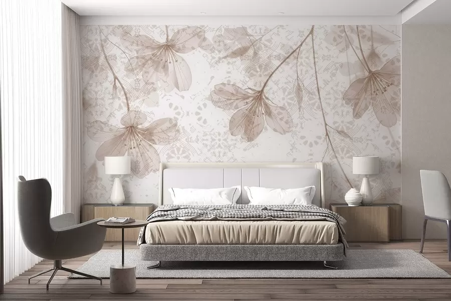 murales de pared Delicadas flores beige y blancas con largos tallos y pétalos sobre un fondo de textura suave y difuminada w08588v1