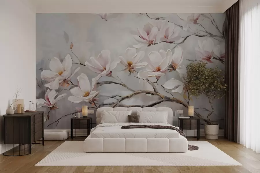 murales de pared Delicadas flores rosas de magnolia floreciendo en las ramas desnudas de un árbol sobre un fondo suave y brumoso w08589