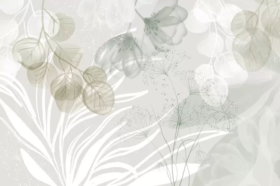 murales de pared Elementos florales de eucalipto en tonos verdes y blancos con hojas y pétalos superpuestos de estilo minimalista w08599v1