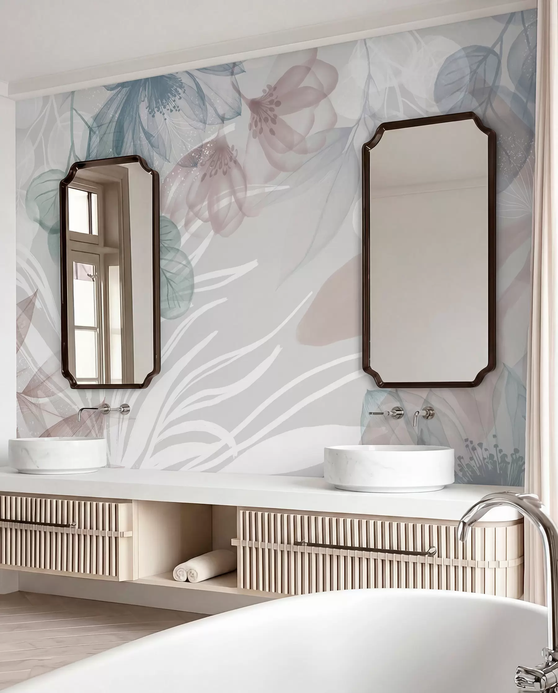 murales de pared Estampado floral en tonos pastel con grandes flores y hojas abstractas transparentes en tonos grises, rosas y verdes w08600