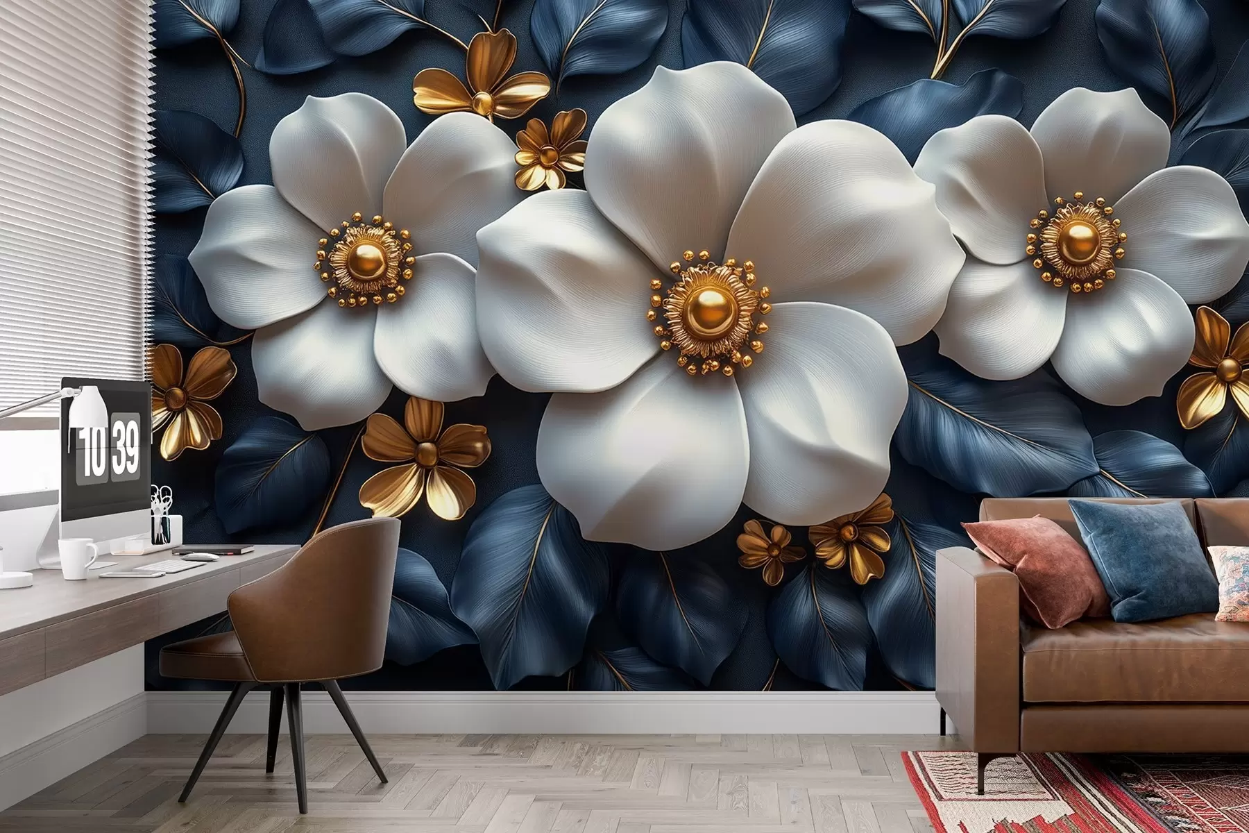 murales de pared Grandes flores blancas sobre un elegante fondo azul con hojas w08559